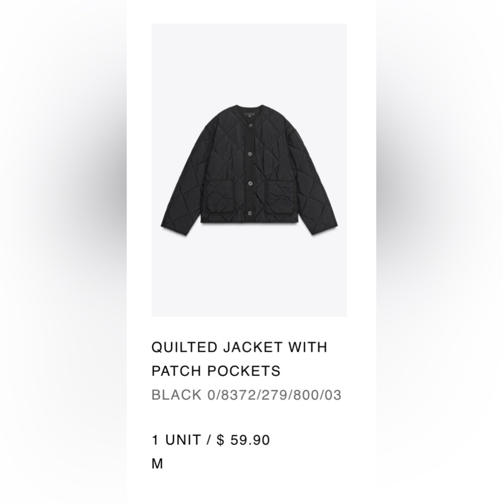 NWT Zara Quilted Jacket with Patch Pockets - Black